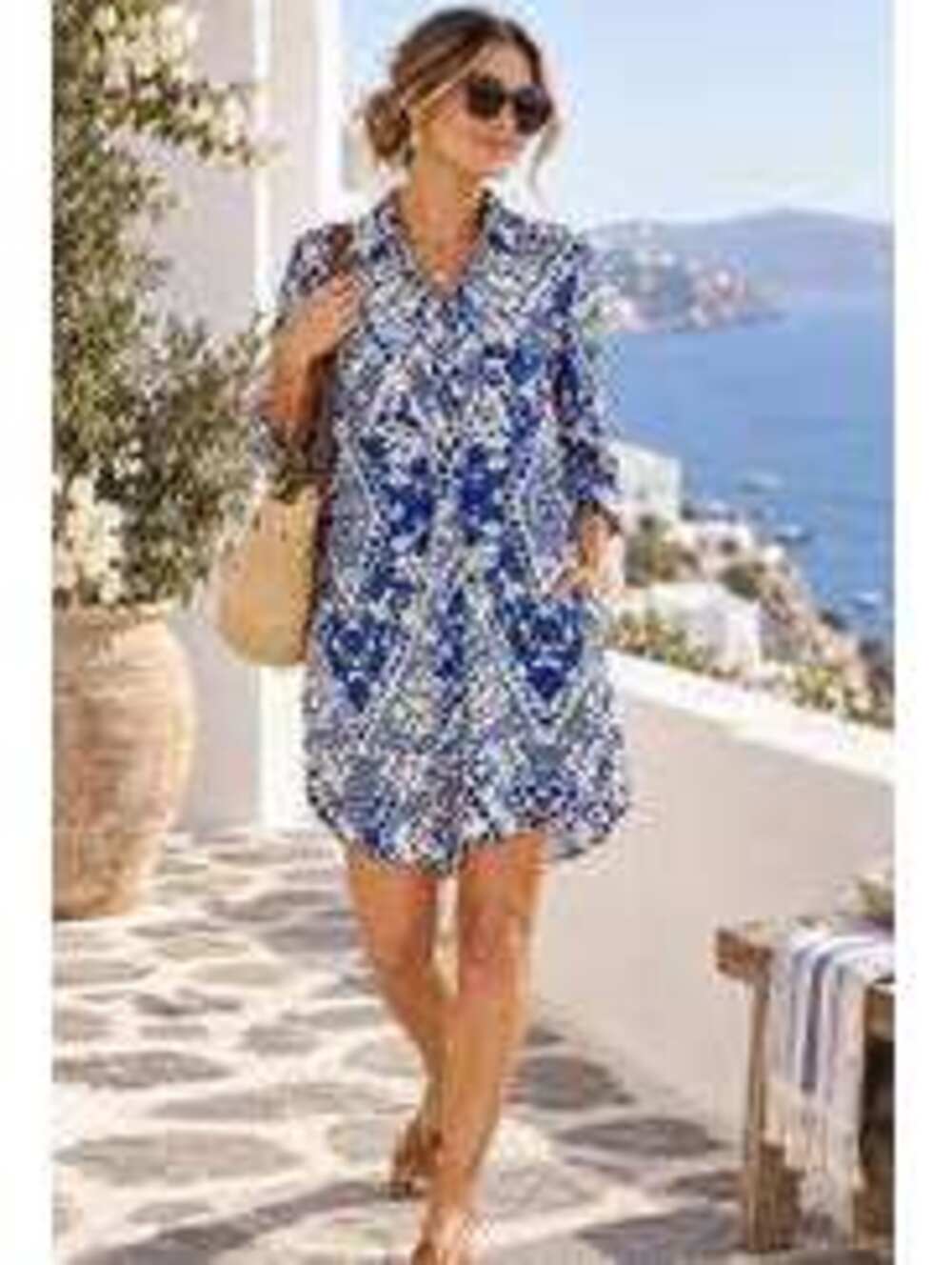 CAbi EUC Women's #422Blue White Geo Jewel Print Shirt Dress Size S